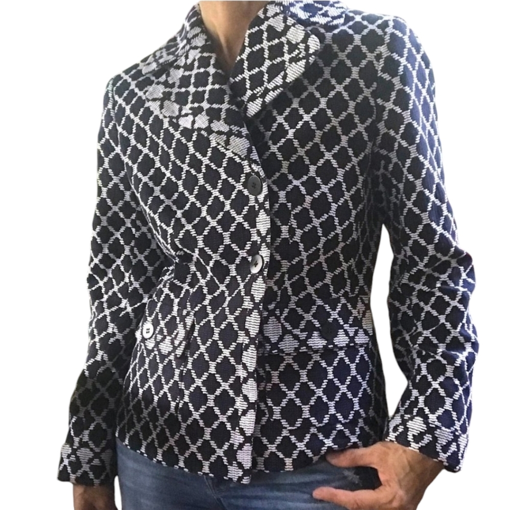Talbots Blazer Women 12P Navy White Geometric Button Up Pockets Casual 12 Petite